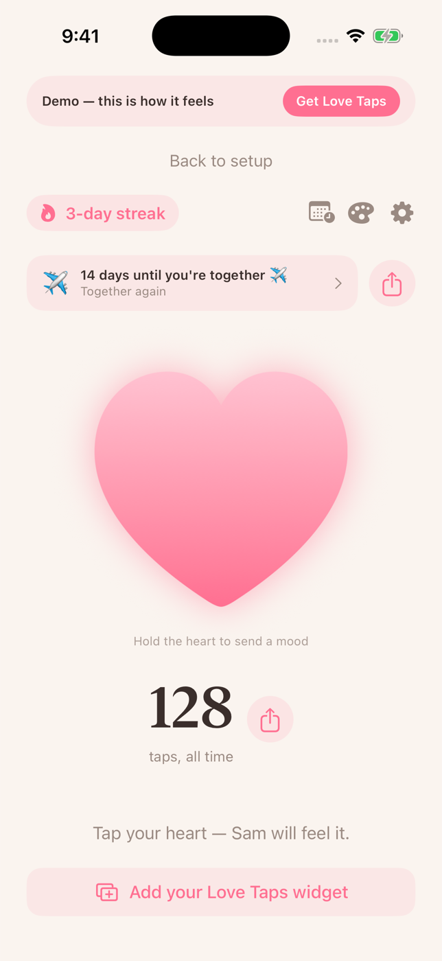 Real Love Taps home screen with the heart button to send a tap